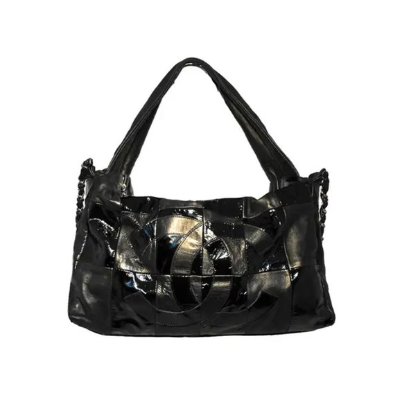 Chanel Black Checkered Leather Shoulder Bag Shopper Tote - Picture 1 of 10